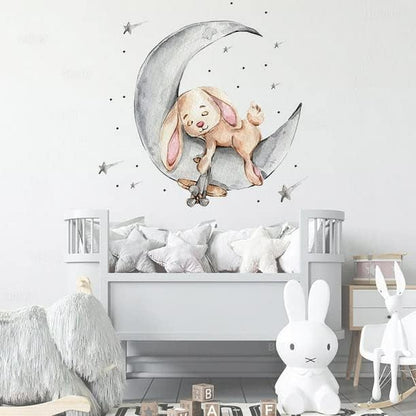 Teddy Bear Sleeping on The Moon and Star Wall Sticker for Kids Room Baby Room Nursery Interior Wall Decorative Kids Wall Sticker