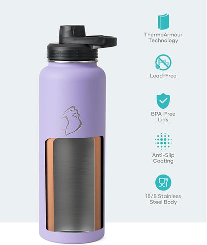 BUZIO Water Bottle with Straw lid, Spout Lid, Hand Lid and Carrying Pouch, 32oz 40oz 64oz Stainless Steel Water Flask Jug, Cold for 48 Hrs Hot for 24 Hrs Double Vacuum Thermo Canteen Mug, BPA-Free