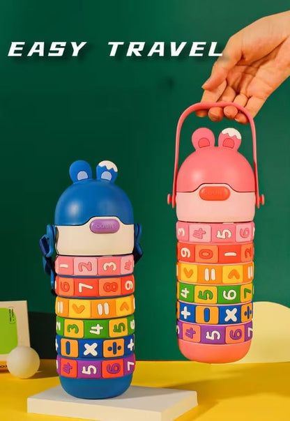 Numbers and Maths Symbols Design Kids' Water Bottle with Straw for School or Travel; 15oz (430ml) Stainless Steel water Bottle; Portable Handle with Detachable Buckle (Blue), CZMX-30031