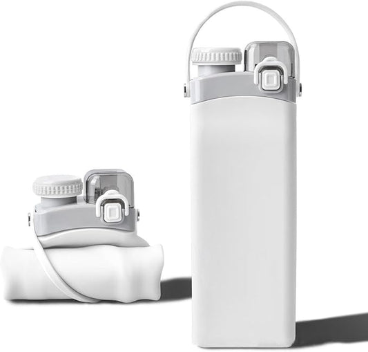 THAIOXYH® Collapsible Water Bottle 20 oz（600ml） Silicone BPA Free Reuseable Lightweight Foldable Water Bottles for Traveling Running Hiking Camping Sports (White)