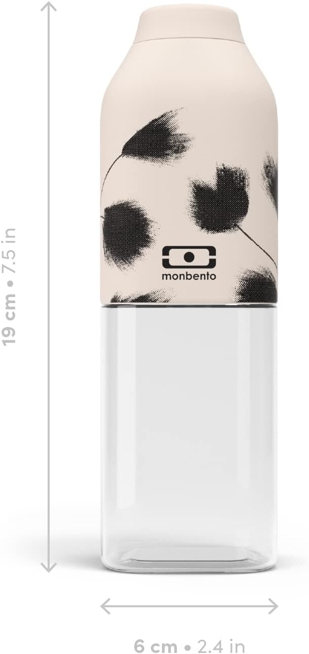 monbento - Clear Reusable Water Bottle MB Positive M graphic Plume - 17 floz/500 ml Water Bottle Perfect for Work, Travel, Sport, Picnic - Compact, Leakproof BPA Free Water Bottle - Black Feathers