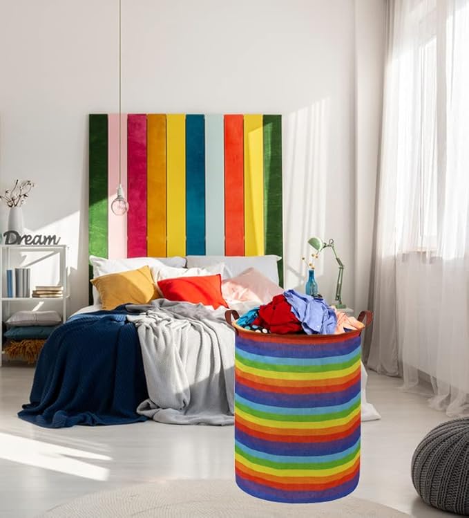 Rainbow Laundry Hamper,Kids Laundry Basket Collapsible Baby Storage Baskets for Kids Room Decor,Colourful Hamper,Toy Organizer,(Rainbow stripe) …