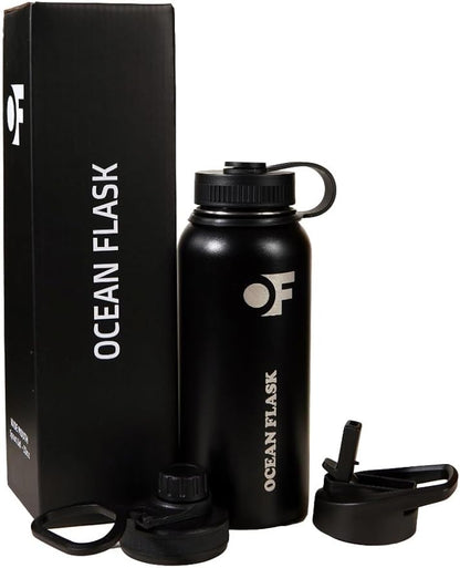 Sports Water Bottle - 32 Oz 3 Lids Straw Lid Leak Proof (Straw, Spout and Handle Lid)- Stainless Steel Sport and Gym, Travel Bottles for Men, Women -Insulated Thermos (Midnight Black)