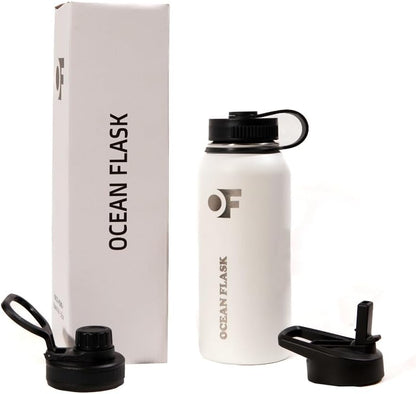 Sports Water Bottle - 32 Oz 3 Lids Straw Lid Leak Proof (Straw, Spout and Handle Lid)- Stainless Steel Sport and Gym, Travel Bottles for Men, Women -Insulated Thermos (Winter White)