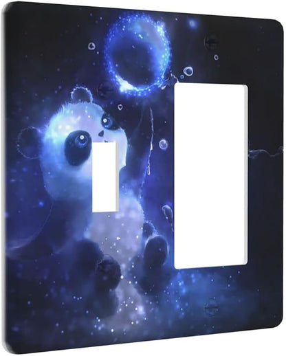 Cute Baby Panda Light Switch Cover Wall Plate Decorative 2 Gang Combination 1 Toggle 1 Rocker Outlet Covers Blue for Farmhouses Kitchens Bedrooms 4.5 x 4.5 in