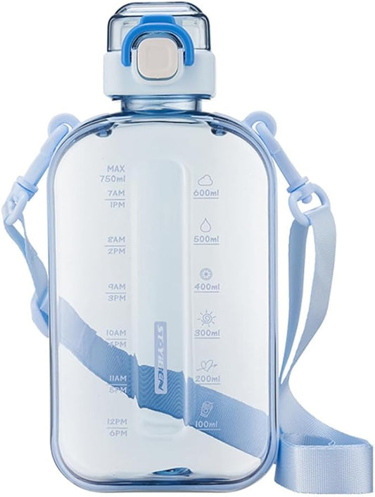 750ML Square Transparent Water Bottle, Cute Sports Water Jug with Adjustable Strap, Portable Motivational Water Bolttles for Travel, Hiking and Outdoor Workouts