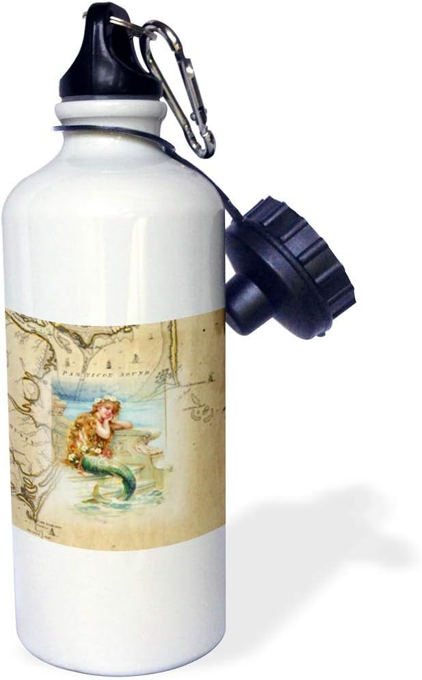 3dRose Print of Vintage Map Outer Banks with Mermaid-Sports Water Bottle, 21oz , 21 oz, Multicolor