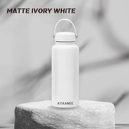 32 OZ Double Wall Stainless Steel Vacuum Bottle Insulated Water Bottles Outdoor Sports Bottle with Handle Lid, Spill-Proof, Hike, School, Hydration, Ivory, Black, Pale Green, Lavender (Ivory)