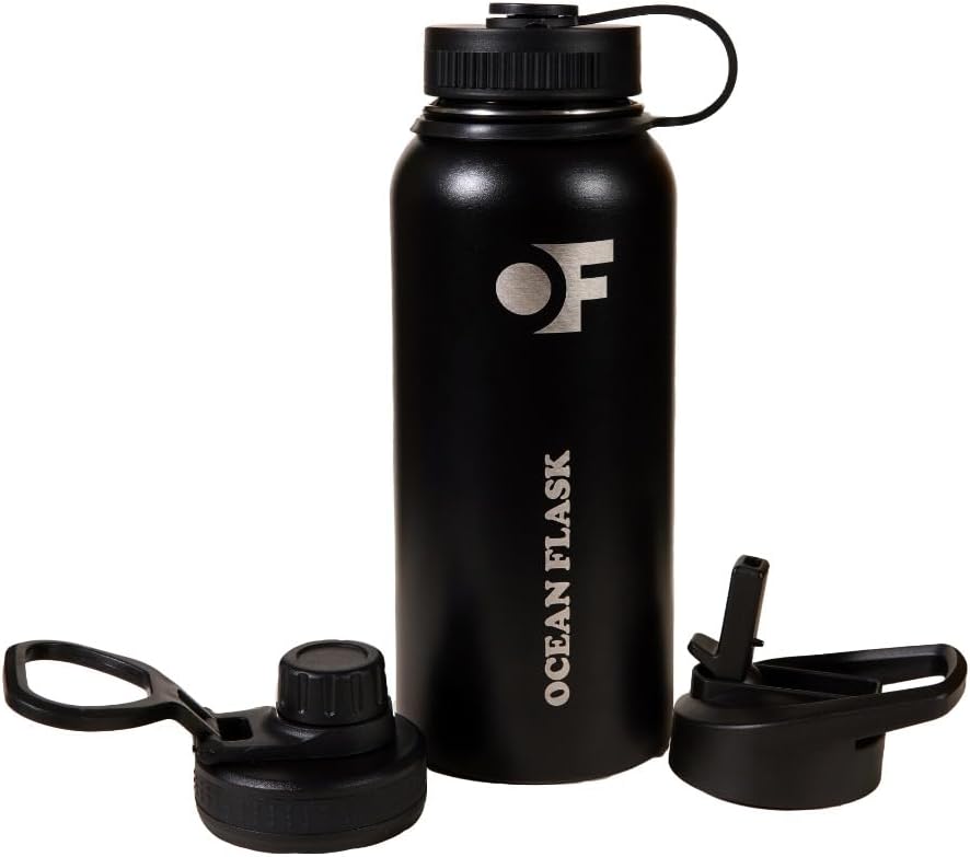 Sports Water Bottle - 32 Oz 3 Lids Straw Lid Leak Proof (Straw, Spout and Handle Lid)- Stainless Steel Sport and Gym, Travel Bottles for Men, Women -Insulated Thermos (Midnight Black)