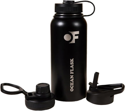 Sports Water Bottle - 32 Oz 3 Lids Straw Lid Leak Proof (Straw, Spout and Handle Lid)- Stainless Steel Sport and Gym, Travel Bottles for Men, Women -Insulated Thermos (Midnight Black)