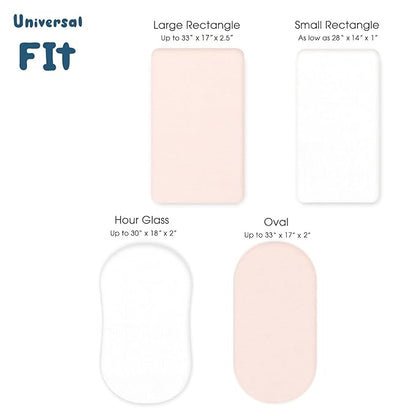 GRSSDER Stretchy Ultra Soft Fitted Bassinet Sheet 2 Pack, Universal Fit for Bassinets Baby Cradle Moses Basket Oval Rectangle Mattress Safe and Snug, Jersey Bassinet Sheets for Girls, White/Pink