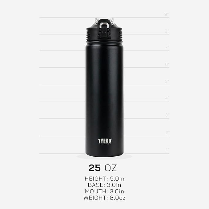 TYESO Water Bottle with Carrying Handle Lid | Insulated Stainless Steel Thermos | Travel Water Bottles for Gym & Sports | Leak Proof & BPA Free | All Day Collection | 25oz (Black)
