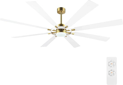 80" Ceiling Fan with Lights and Remote Control, Wood 8 Blades 6-Speed Noiseless Reversible DC Motor, 3 Downrods, Modern Large Ceiling Fan for Bedroom Dining Living Room, Gold Finish+White