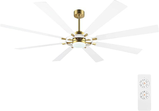 80" Ceiling Fan with Lights and Remote Control, Wood 8 Blades 6-Speed Noiseless Reversible DC Motor, 3 Downrods, Modern Large Ceiling Fan for Bedroom Dining Living Room, Gold Finish+White