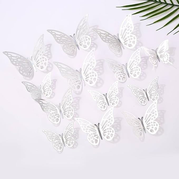 3D Butterfly Wall Decor 48 Pcs 4 Styles 4 Colors 3 Sizes,Gold Silver Laser Rose Butterfly Decorations for Butterfly Birthday Decorations Butterfly Party Decorations Cake Decorations,Removable Sticker