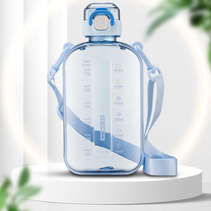 750ML Square Transparent Water Bottle, Cute Sports Water Jug with Adjustable Strap, Portable Motivational Water Bolttles for Travel, Hiking and Outdoor Workouts
