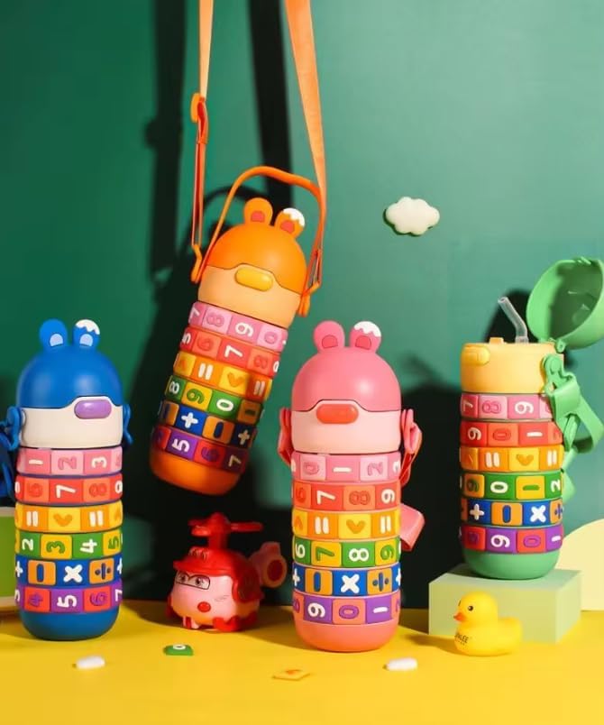 Numbers and Maths Symbols Design Kids' Water Bottle with Straw for School or Travel; 15oz (430ml) Stainless Steel water Bottle; Portable Handle with Detachable Buckle (Orange), CZMX-30031