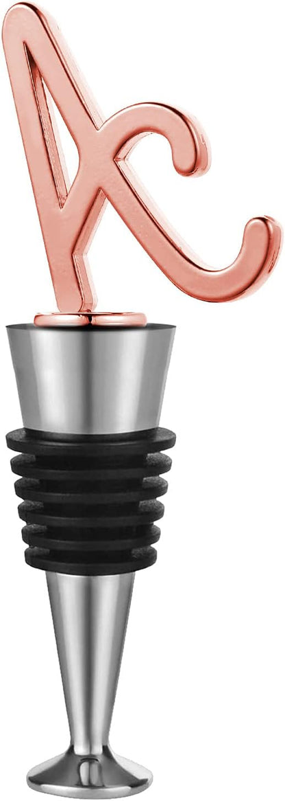 Monogram Wine and Beverage Bottle Stopper, Initial letter wine stoppers Decorative, Creative Wine Gift for Kitchen Bar Wedding Rose Gold Finish,Reusable, letter A
