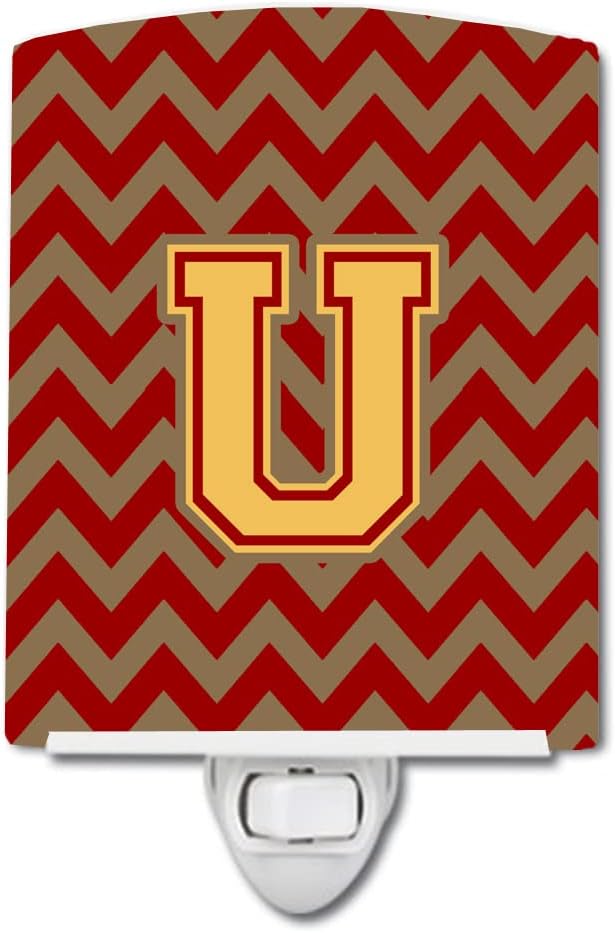 Caroline's Treasures CJ1048-UCNL Letter U Chevron Garnet and Gold Ceramic Night Light Compact, UL-Certified, Ideal for Bedroom, Bathroom, Nursery, Hallway, Kitchen, 6x4x3, Multicolor