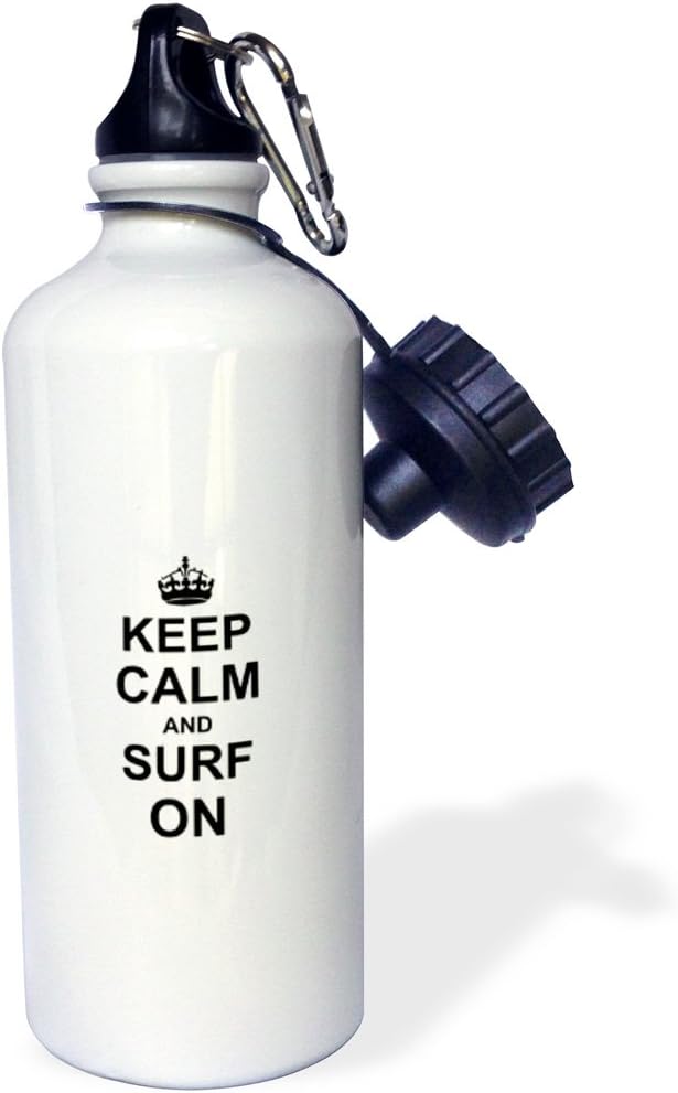 3dRose "Keep Calm and Surf on-carry on surfing-hobby or professional Surfer gifts-fun funny humor" Sports Water Bottle, 21 oz, White