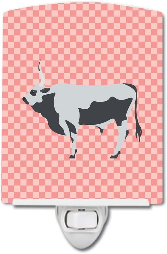 Caroline's Treasures BB7824CNL Hungarian Grey Steppe Cow Pink Check Ceramic Night Light Compact, UL-Certified, Ideal for Bedroom, Bathroom, Nursery, Hallway, Kitchen, 6x4x3, Multicolor