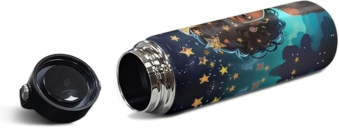 African Princess Insulated Water Bottle 18 oz Stainless Steel Bottle Reusable Wide Mouth African American Girl Water Bottle with Handle Thermal Mug Sports Water American Girl