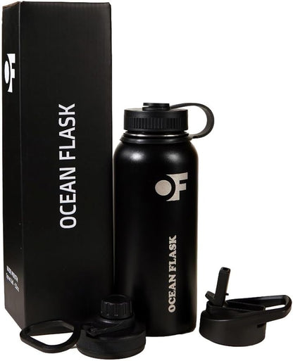 Sports Water Bottle - 32 Oz 3 Lids Straw Lid Leak Proof (Straw, Spout and Handle Lid)- Stainless Steel Sport and Gym, Travel Bottles for Men, Women -Insulated Thermos (Midnight Black)