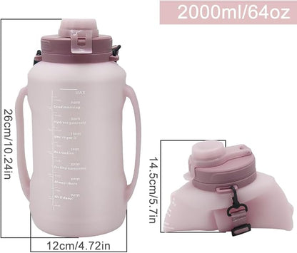 64oz Foldable Silicone Water Cups with Straw, BPA Free, for Outdoor Sports Water Bottle (Pink)