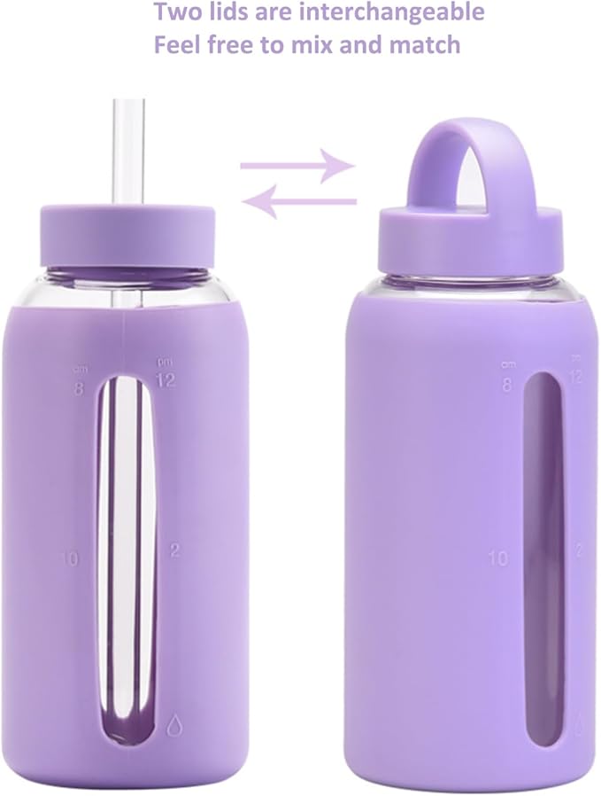 27 Oz Hydration Bottle,Minimalist Glass Water Bottle With Silicone Sleeve,Wide Mouth Opening With 2 Lids,Train Straws,Gift for Kids/Adults,Sport Glass Water Bottle for Gym/Yoga/Outdoor (PurPle, 27 oz)