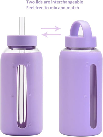 27 Oz Hydration Bottle,Minimalist Glass Water Bottle With Silicone Sleeve,Wide Mouth Opening With 2 Lids,Train Straws,Gift for Kids/Adults,Sport Glass Water Bottle for Gym/Yoga/Outdoor (PurPle, 27 oz)