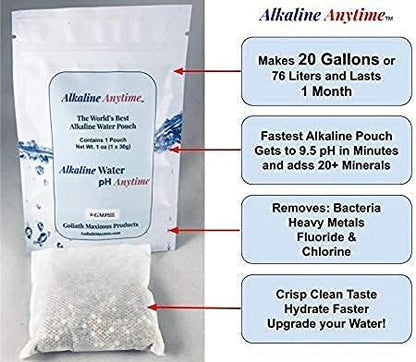 Alkaline Anytime Worlds Best Water Filter Pouch for Alkaline Water- Mobile Filtration System For Pitcher, Cup, Bottle, Jug, any Container -High pH 9.5+ Ionized Electrolytes-Long-Life 60 Gallons-