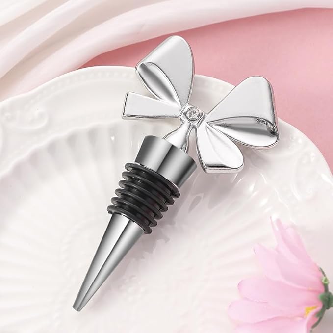 3 Pack Bowknot Wine Bottle Stoppers, Holiday Decor - zinc alloy Decorative Wine Stoppers - Wine Gift for Hostess - Cute Wine and Beverage Corker Bottle Sealers Women's Day gifts (Silver)