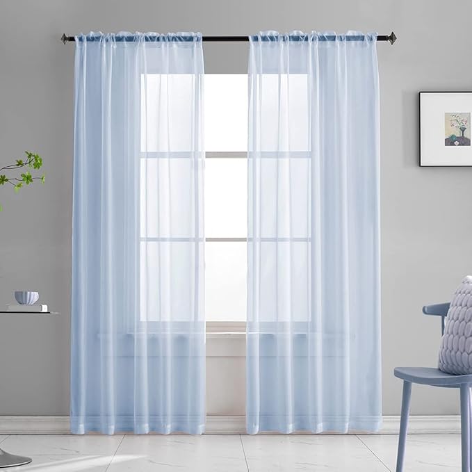 Baby Blue Sheer Curtains 84 Inches Long for Bedroom Rod Pocket Sheer Voile Curtains Panels Light Filtering Blue Sheer Drapes for Windows/Living Room/Boys/Kids Room 52x84 2 Panels