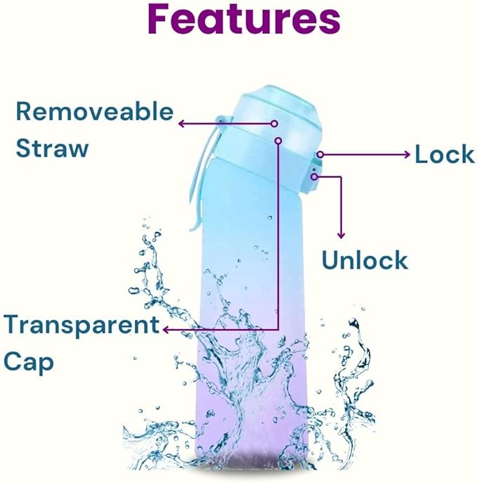 650ml Air Water Bottle with 7 Flavour Pods | BPA Free, Scented, 0 Sugar, 0 Calorie, Sports Water Bottles | Drinking Fruit Fragrance Cup for Fitness, Outdoor, Gym | Starter set… (Purple Blue)