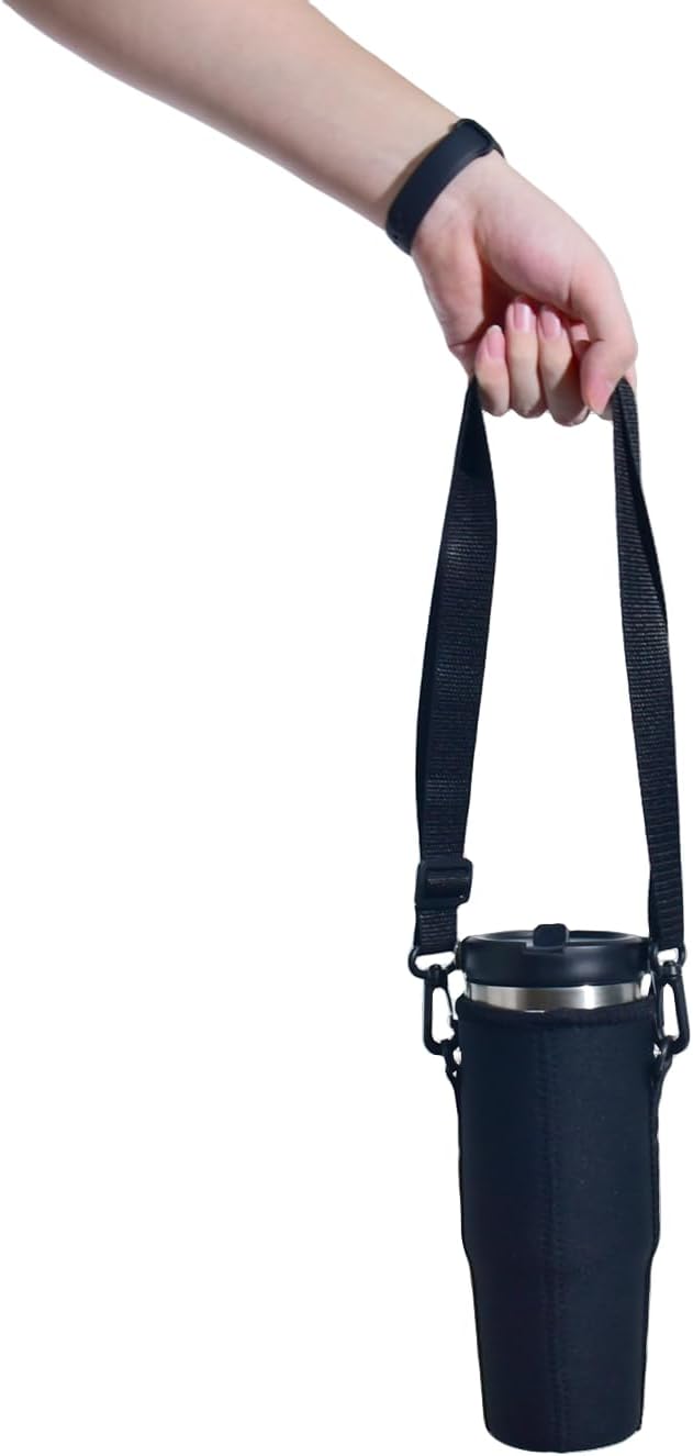 AF-WAN Neoprene Carrier Water Bottle Insulation Sleeve,Waterproof, Anti-Slip, Anti-Scratch Pouch with Shoulder Strap, Compatible With STANLEY IceFlow Stainless Steel Tumbler 30oz (Black)