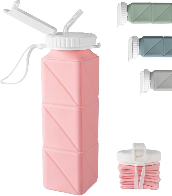 Opard Collapsible Water Bottles 21 Oz - BPA Free, Leak Proof, Foldable Silicone Collapse Water Bottle with Straw, Easy to Compact and Expandable, Travel Essentials Accessories