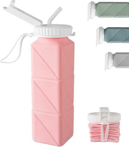 Opard Collapsible Water Bottles 21 Oz - BPA Free, Leak Proof, Foldable Silicone Collapse Water Bottle with Straw, Easy to Compact and Expandable, Travel Essentials Accessories