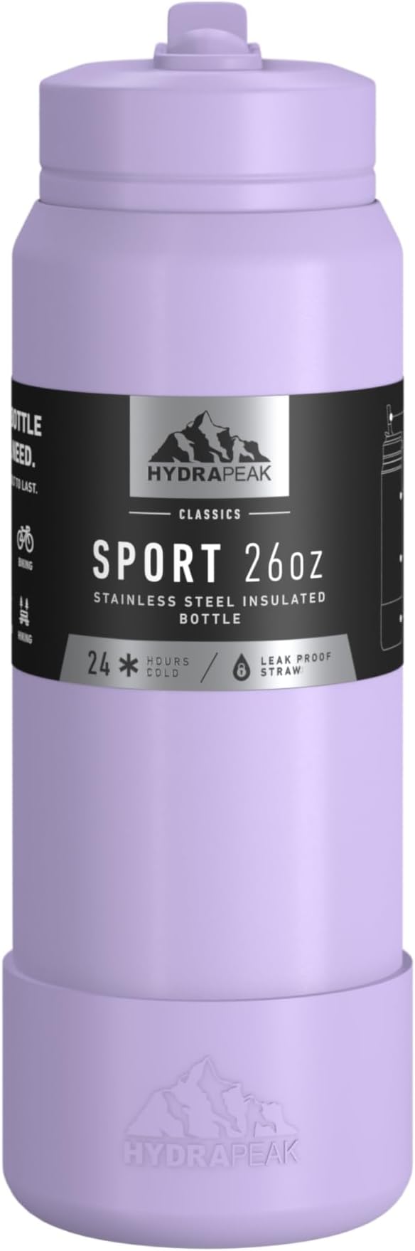 Hydrapeak 26oz Sport Insulated Water Bottle with Straw or Chug Lid, Leak & Spill Proof, Keeps Drinks Cold for 24 Hours, Hot for 12 Hours, Premium Stainless Steel Water Bottles (26oz, Dlavender)