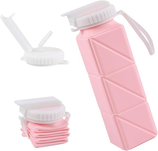 EOBTAIN Pink Collapsible Water Bottle with Straw 20oz BPA Free Portable Foldable Travel Water Bottle Cups,Lightweight Silicone Durable Sports Water Bottles for Hiking,Camping,Gym