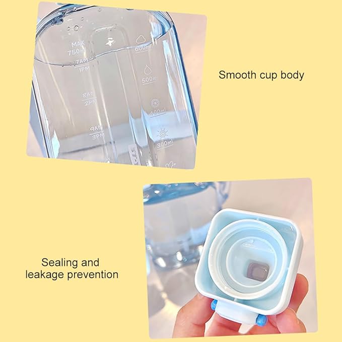 750ML Square Transparent Water Bottle, Cute Sports Water Jug with Adjustable Strap, Portable Motivational Water Bolttles for Travel, Hiking and Outdoor Workouts