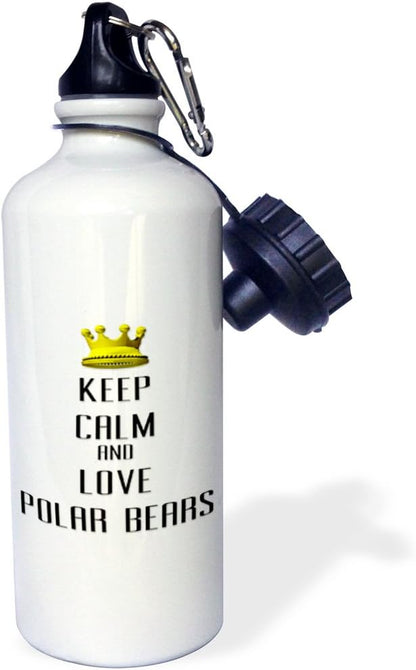 3dRose "Gold Crown Keep Calm And Love Polar Bears" Sports Water Bottle, 21 oz, White