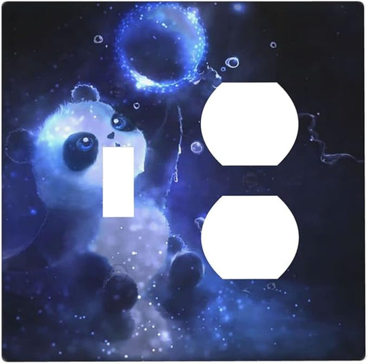 Cute Baby Panda Light Switch Cover Wall Plate Decorative 2 Gang Combination Toggle/Outle Covers Blue for Kitchens Farmhouses Duplex Electrical Receptacle Covers 4.5 x 4.6 in