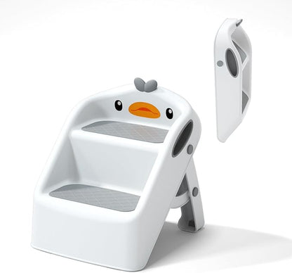 Toddler Step Stool, White & Grey, Foldable 2 Step Stool for Kids Bathroom Sink Potty Toilet, to Give Stepping Stool for Todders 1-3 More Independence, Easy to Use & Carry & Wash