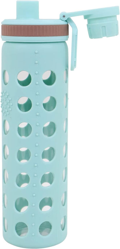 Modern-Depo 20oz Clear Glass Water Bottles Extra Lid Odor Proof and Stain Resistant Wide Mouth Reusable Fitness Sports Bottle with Sleeve, Motivational Water Jug, Blue