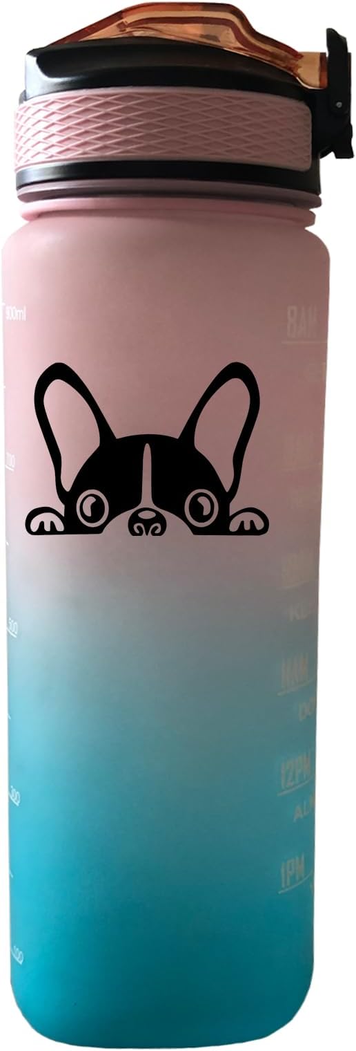Boston Terrier 32 oz Water Bottle with Times Marker to Drink and Straw, Carrying Strap, Leakproof Tritan BPA-Free, Ensure You Drink Enough Water for Fitness Gym Camping Outdoor Sports