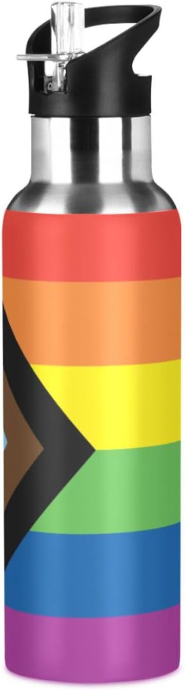20oz Gay LGBT Progress Pride flag Sports Water Bottle,Double Wall Vacuum Insulated Stainless Steel Lesbian Water Bottle with Straw Keeps Hot＆ Cold, Bike Gym Travel Pride Day Month Gifts