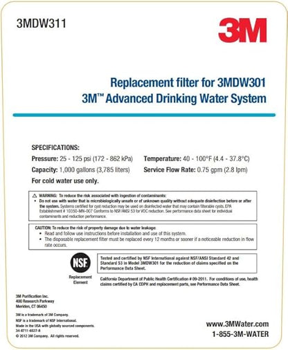 3M Water Filtration System Under Sink Dedicated Faucet Replacement Water Filter Cartridge DW311-01