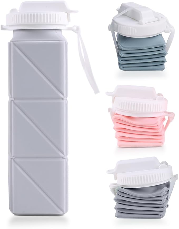 620ml Silicone Foldable Water Bottle with Straw Lid - Lightweight, Reusable, & Leakproof for Travel, Camping, Hiking, & Sports(GREY)