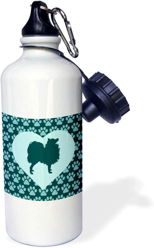 3dRose "Love Pomeranians-Dog in Heart over Doggy Footprints" Sports Water Bottle, 21 oz, White