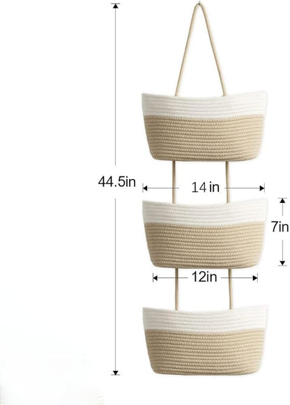 Hanging Baskets for Organizing,Bathroom Organizers and Storage,3-Tier Woven Cotton Wall-Mounted Storage Organizer Bag Decorative,Kitchen,Living Room,Bedroom,Nursery